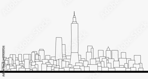 Modern cityscape skyline outline doodle drawing on white background.