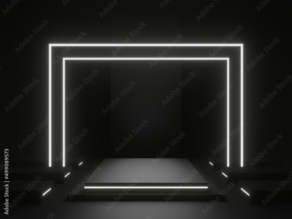 Black scientific background. Dark podium with white neon lights.