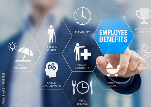 Employee benefits compensation package with health insurance, paid vacation, pension plans, parental leave, perks and bonuses. Payroll reward management and social security. Human resources concept. photo