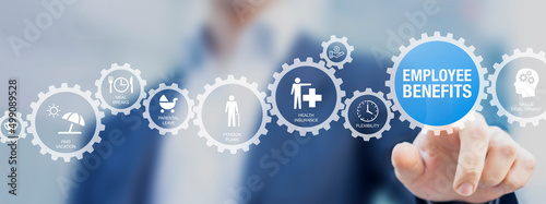 Employee benefits HR concept. Perks and compensation package such as health insurance, pension plans, paid vacation, parental leave. Human resources and reward management.