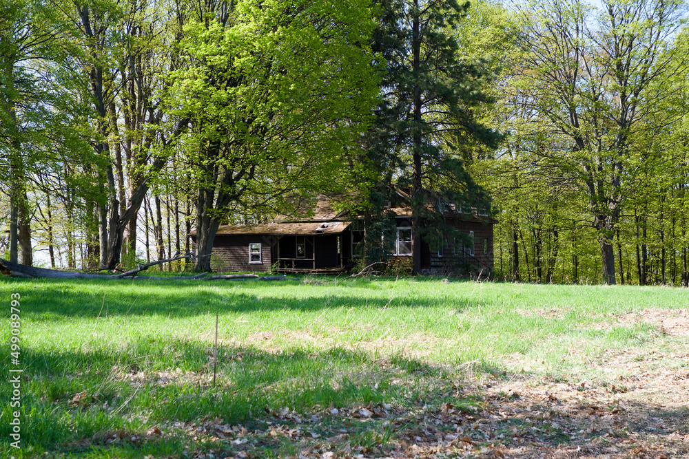 KEWADIN, MICHIGAN, UNITED STATES - MAY 16, 2018: Abandoned wooden cabin in the woods KEWADIN, MICHIGAN, UNITED STATES - MAY 16, 2018: Abandoned wooden cabin in the woods