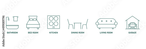 real estate icon set bathroom, bedroom, kitchen, dining room, living room, garage