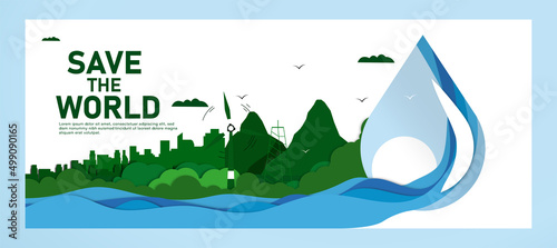 save the world in the concept of ecology and world water day Banner design world, windmills and cities. Note concept of earth and energy. 3d paper.