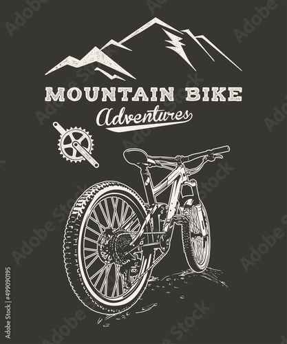 Mountain bike adventure vector line art illustration on a black background