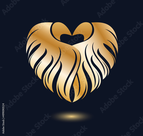Valentine`s Day greeting card with heart and wings. Golden bird feather icon. Decorative design element isolated on black background. Vector luxury illustration