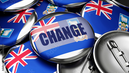 Change in Falkland Islands Malvinas - national flag of Falkland Islands Malvinas on dozens of pinback buttons symbolizing upcoming Change in this country. , 3d illustration