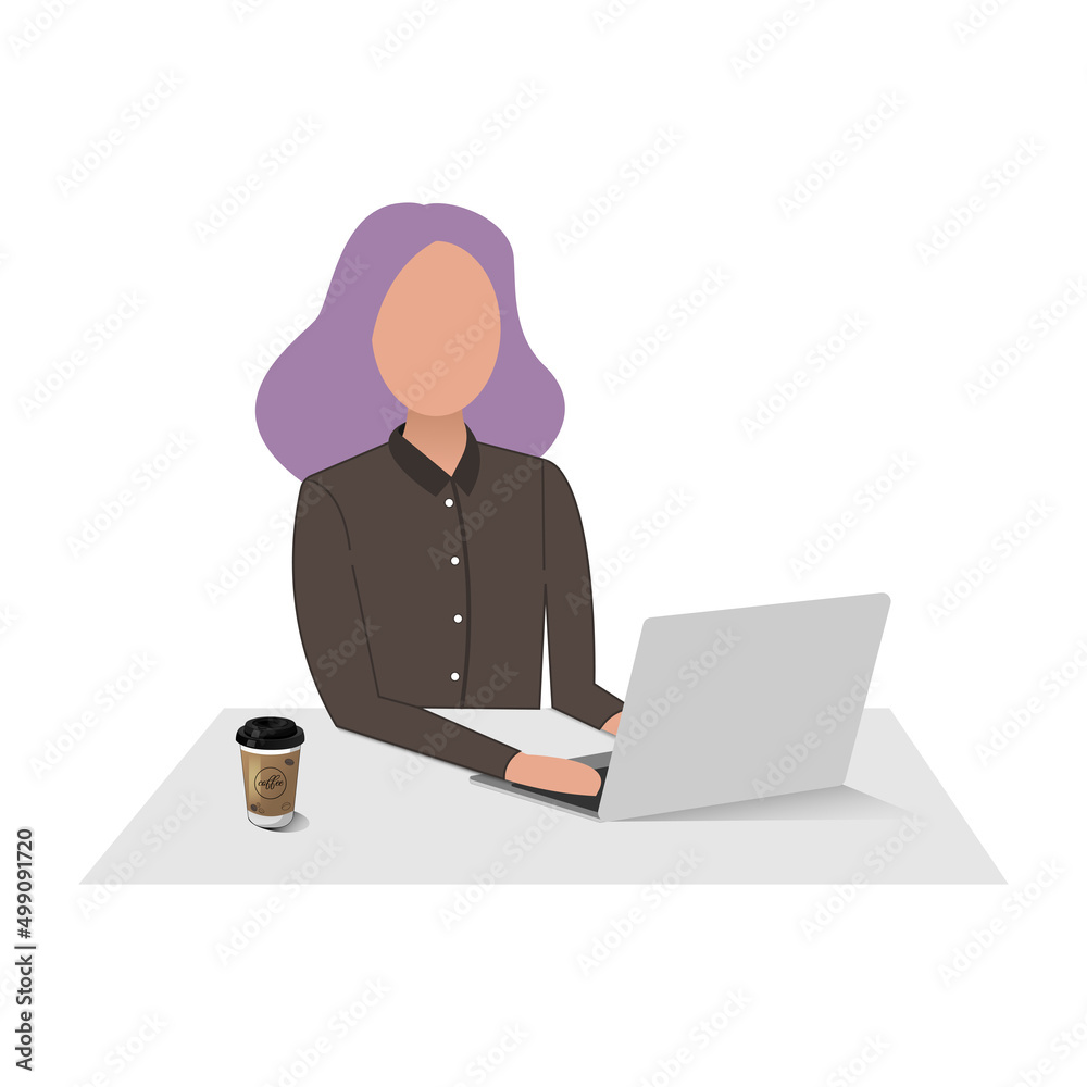 Woman with laptop, studying or working concept. Table with coffee cup and plant. Vector illustration in flat style. Freelance job. Woman with laptop, studying or working concept. Table with coffee cup and plant. Vector illustration in flat style. Freelance job.