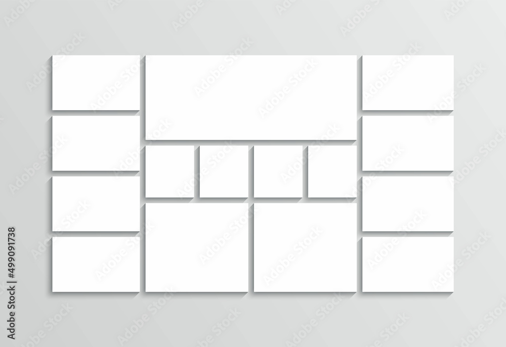 Photo collage template. Mood board. Moodboard background. Gallery banner. Mosaic pictures frame. Simple scrapbook layout. Album brandboard. Portfolio images. Collection photoframe. Vector illustration Photo collage template. Mood board. Moodboard background. Gallery banner. Mosaic pictures frame. Simple scrapbook layout. Album brandboard. Portfolio images. Collection photoframe. Vector illustration