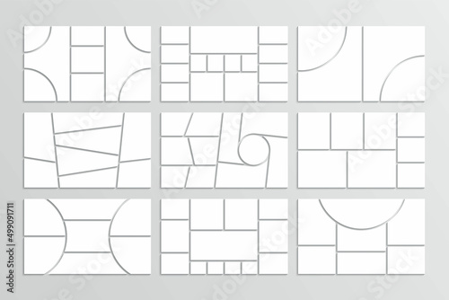 Moodboard layout. Photo collage template. Mood board grid. Set mosaic pictures frames. Retro album brandboard. Abstract photography mockup. Empty gallery banner. Portfolio images. Vector illustration