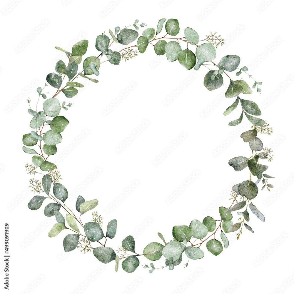 Watercolor hand painted wreath with eucalyptus leaves and branches. Sage greenery illustration for greeting cards, wedding invitations, save the date, posters, decorations