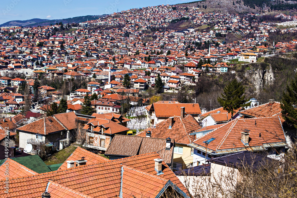 Aerial view of Sarajevo old town roofs and houses on the hills, Sarajevo, Bosnia and Herzegovina