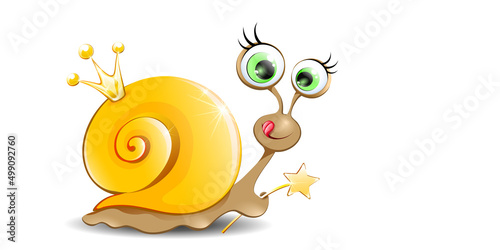 Funny cartoon snail princess with crown and magic stick. 