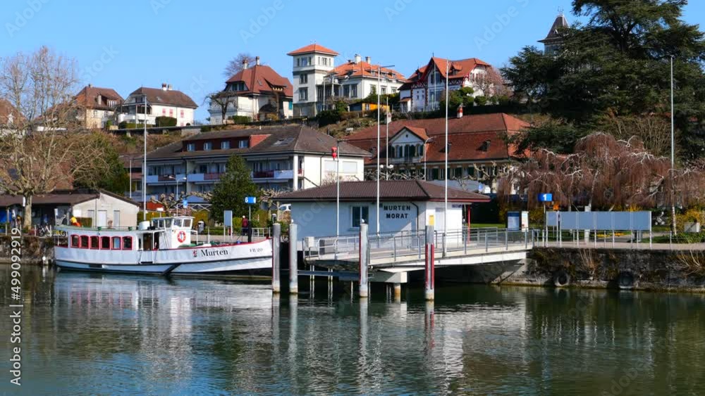 Murten, Switzerland - March 24, 2022: Murten is a bilingual french-german municipality in the See district of the canton of Fribourg in Switzerland. It is located on the southern shores of Lake Morat.