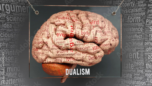 Dualism in human brain - dozens of important terms describing Dualism properties and features painted over the brain cortex to symbolize Dualism connection with the mind., 3d illustration photo