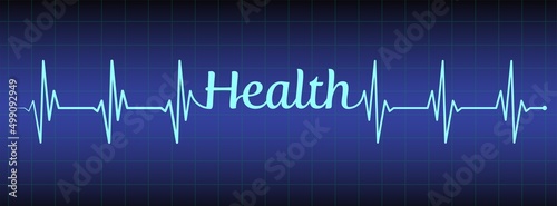 Ecg, ekg line, health text design on blue medical background. Healthy heart symbol to use in health industry, cardiology, medical care, hospital, health science projects.
