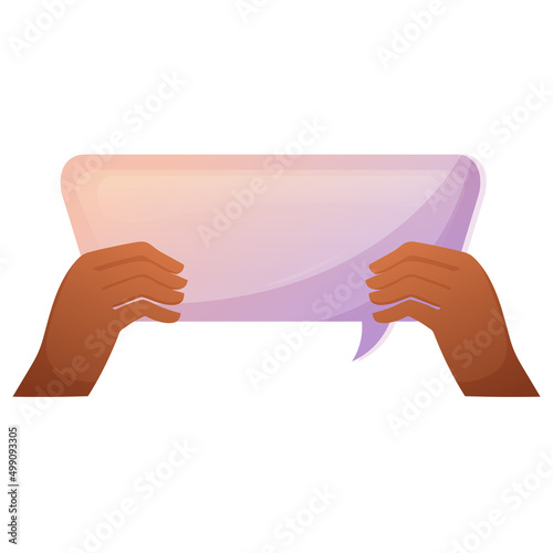 Two hands hold speech bubble for concept design. Cartoon vector isolated illustration. Message balloon with empty copy space.