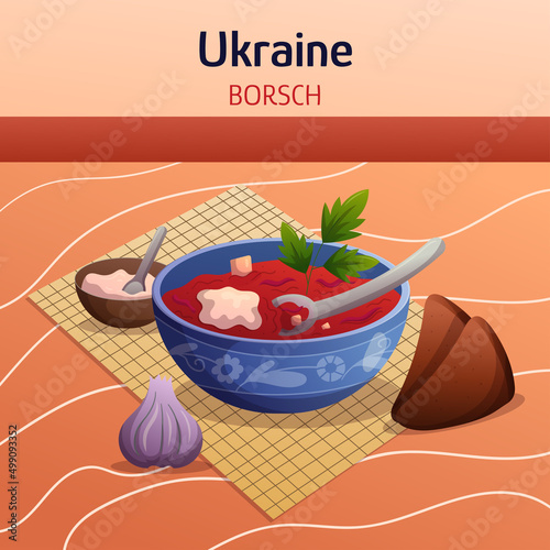 Ukrainian ethnic cuisine composition with borsch, bowl of sour cream, brown rye bread and garlic. Concept flat hand drawn vector illustration. Food dishes art.