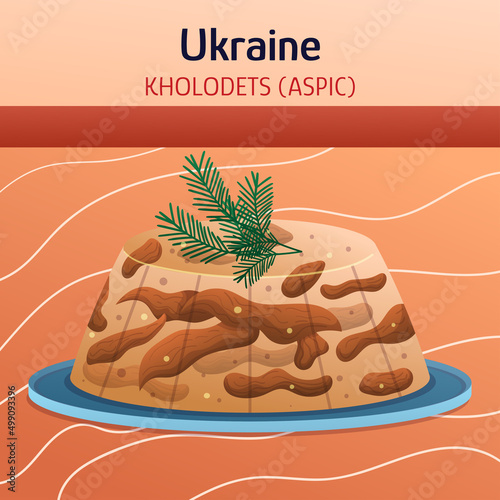 Ukrainian ethnic cuisine composition with aspic on plate. Concept flat hand drawn vector illustration. Food dishes art.
