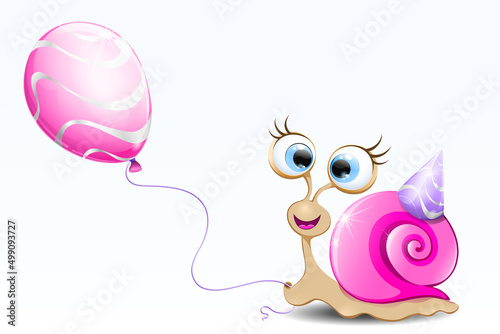 Funny cartoon snail girl with pink balloon and birthday cap. 