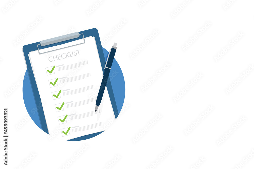 Check list document, paper check list and to do list with checkboxes, concept of survey, online quiz, completed things or done test, feedback. - obrazy, fototapety, plakaty 