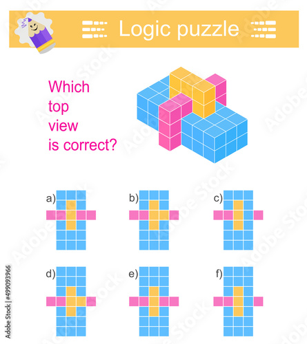 Logic puzzle for children. Which top vıew is correct? IQ training test. Printable worksheet. Answer is E