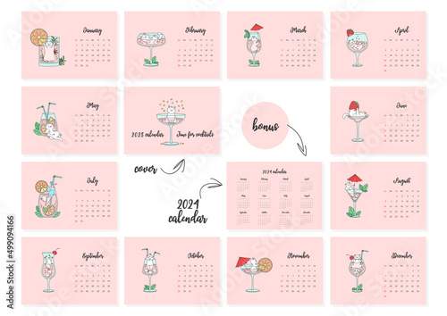 Time for cocktails. Calendar 2023 template. Monthly calendar 2023 with cute white cats playing in cocktail glasses. Bonus - 2024 calendar. Vector illustration 10 EPS. photo