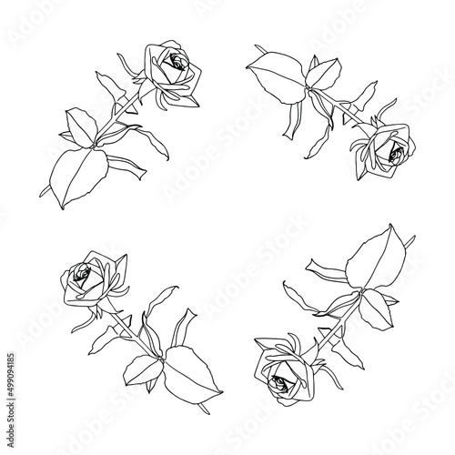 Black doodle roses frame. Floral arrangements are isolated in the background. Design greeting cards and invitations for weddings, birthdays, Valentine's Day, and Mother's Day.