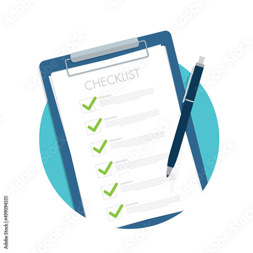 Check list document, paper check list and to do list with checkboxes, concept of survey, online quiz, completed things or done test, feedback.