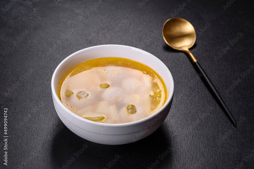 Soup with turkey meatballs, potatoes and vegetables. Selective focus Soup with turkey meatballs, potatoes and vegetables. Selective focus