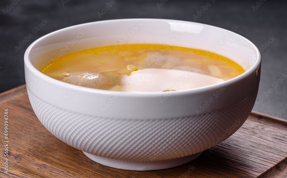 Soup with turkey meatballs, potatoes and vegetables. Selective focus Soup with turkey meatballs, potatoes and vegetables. Selective focus