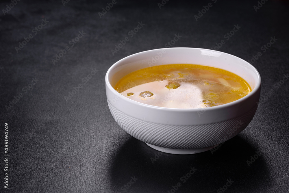 Soup with turkey meatballs, potatoes and vegetables. Selective focus