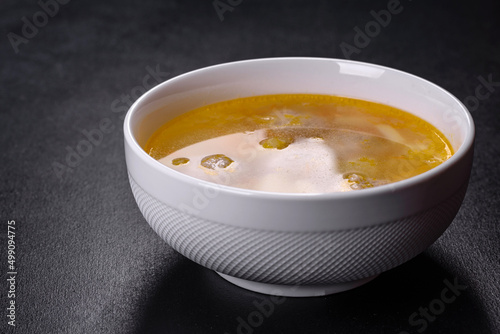 Soup with turkey meatballs, potatoes and vegetables. Selective focus