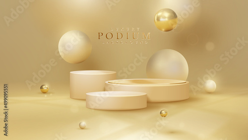 Fotografie, Obraz Luxury background with product display podium and 3d gold ball element and blur effect decoration and glitter light with bokeh