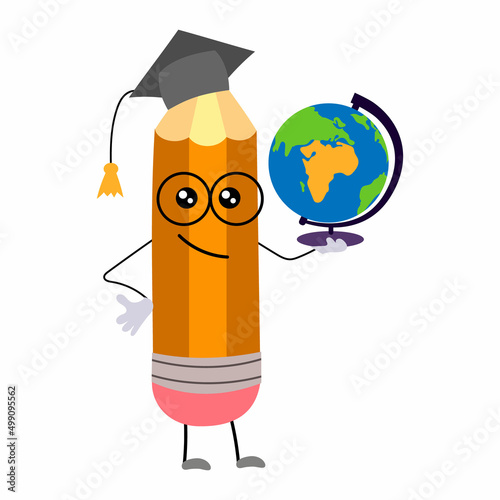 A happy cartoon pencil in a graduate hat and with a globe in his hands. The humanized funny pencil is smiling. vector