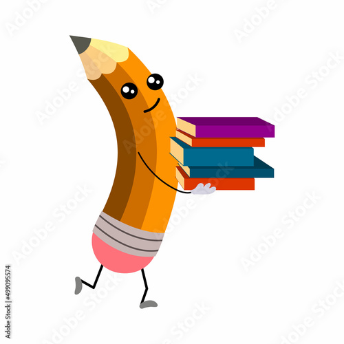 A happy cartoon pencil is running with books in his hands. The humanized funny pencil is smiling. vector illustration