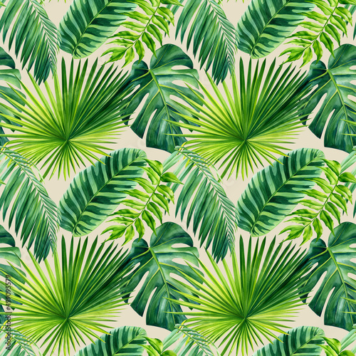 Palm leaves on beige background  tropical plant  watercolor botanical illustration. Green leaf Seamless patterns.