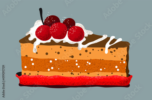 delicious brownie dessert illustration. tasty bakery. sweet cream food. slice of cake. piece of cake. tasty pastry. sponge cake with cherries. 