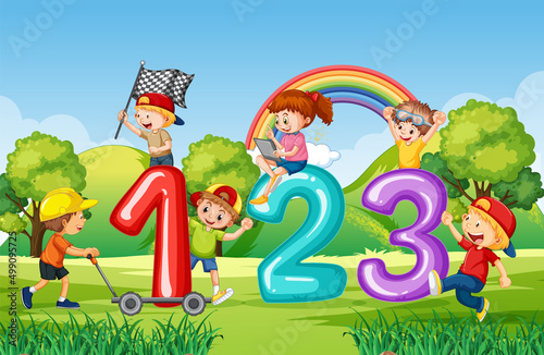 Number 1 2 3 with children cartoon character