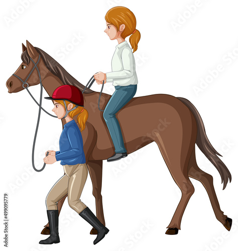 A girl riding on a horse with hostler on white background