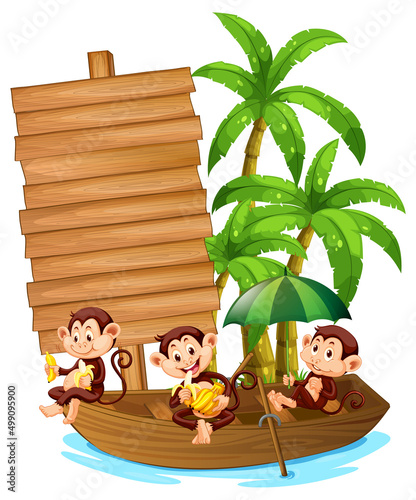 Blank wooden signboard with cute monkey