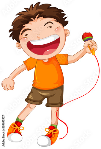 Happy boy singing with microphone