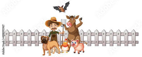 Farmer and many animals by the fence