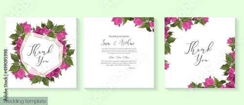 Tropical vector template for wedding invitation. Pink bougainvillea, golden frame photo