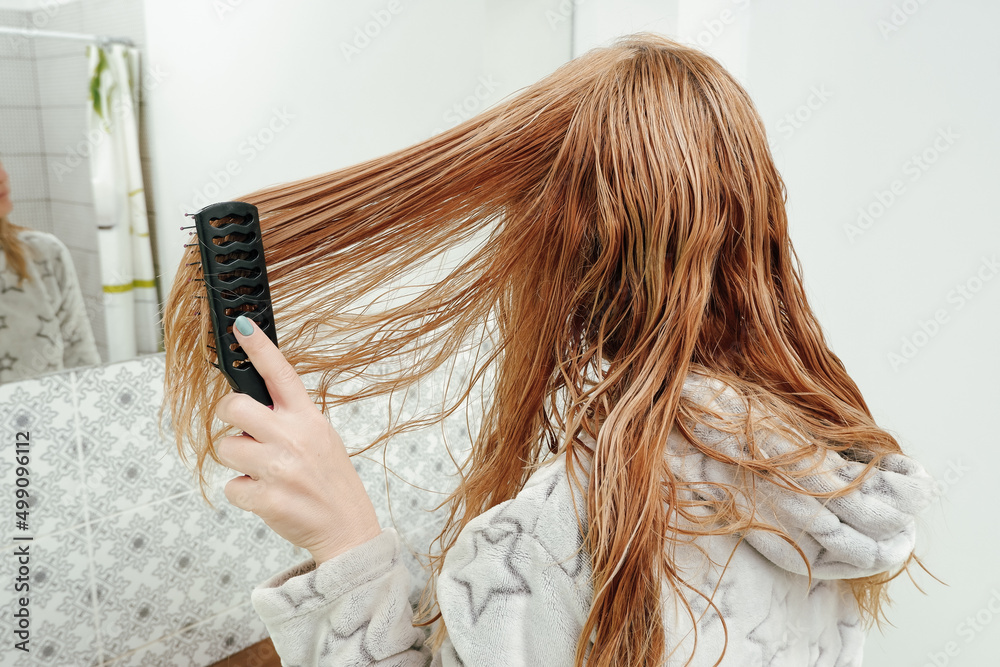 Naklejka premium A woman combs her wet tangled hair after a bath. View from the back