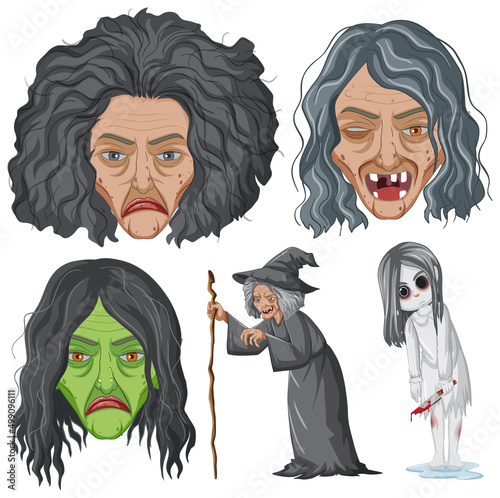 Halloween theme with witches and zombie
