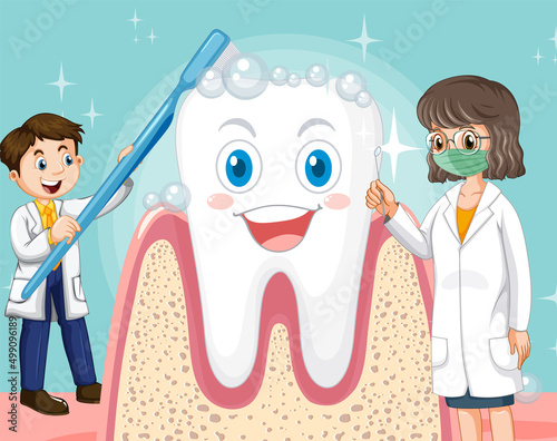 Happy dentist brushing and take care a big tooth on blue background