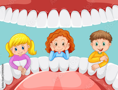 Happy children with inside human mouth