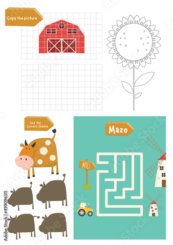 Farm Activity pages for kids. Printable activity sheet with mini games – coloring, copy the picture, maze game. Vector illustration.
