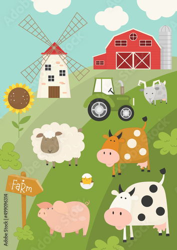 Farm animals poster, banner. Farming scene – cow, pig, sheep, goat, tractor, mill, barn. Vector illustration.