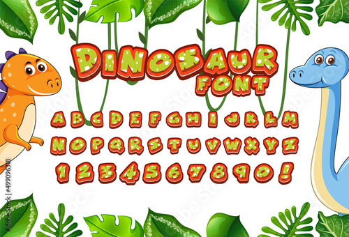 Font design for english alphabets in dinosaur character with jungle